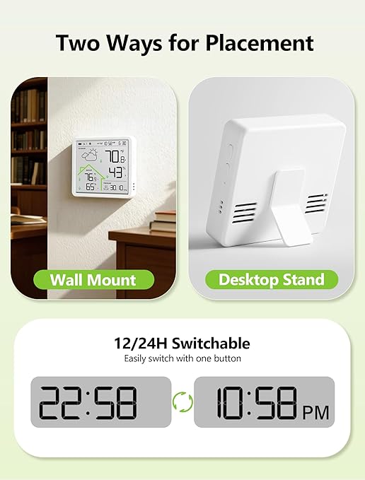 MASHI Rechargeable Weather Station Wireless Indoor Outdoor Thermometer,Atomic Clock with WWVB & 4.3" Backlit Display, Inside Outside Thermometer Wireless, 3-Channel 330ft Range, Accurate Forecast