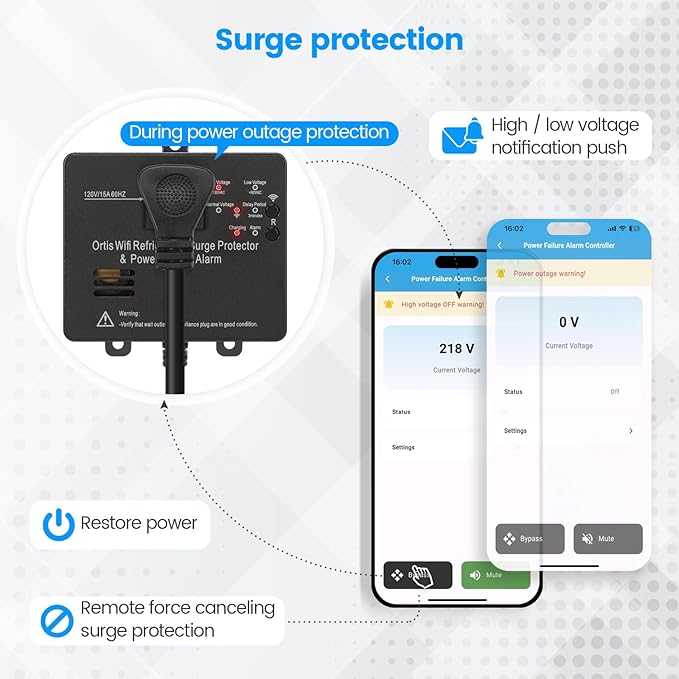 Wi-Fi Smart Power Failure Alarm with Surge Protector, Remotely Monitor and Control Your Refrigerator Via App, Ensuring The Safety of Refrigerator and Food Stored Inside, Black