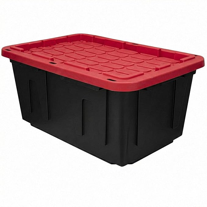 27 Gallon Heavy Duty Storage Bins with Lids – Stackable Industrial Plastic Totes for Garage Organization, Moving, and Attic Storage – Lockable Snap-Fit Container, Black/Red (1 Pack)