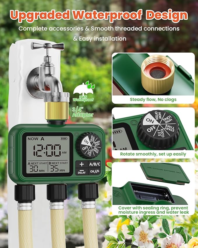 3 Zones Brass Inlet & Outlet Water Timer for Outdoor Garden Hose, Sprinkler Timer for Garden Faucet with Auto/Manual/Rain Delay Mode, Sprinkler Irrigation Controller for Yard Lawn