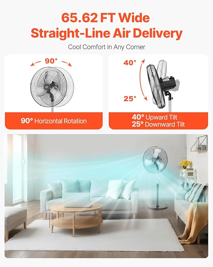 VEVOR Industrial Pedestal Fan, 18 Inch 90-Degree Oscillating Fan, Height Adjustable Standing Fans with 3 Adjustable Speeds, High Power Floor Fans for Office, Black
