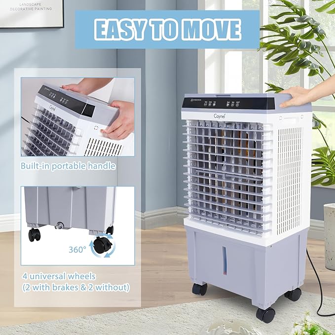 CAYNEL Evaporative Swamp Cooler with 5.3 Gallon Water Tank, Touch Screen and Remote Control, Refrigerator, 12 Hour Timer and 3 Fan Speed Settings, Cooling Tower Fan for Outdoor, Indoor, Garage