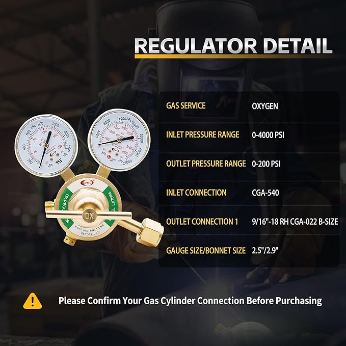 CDL LX75 Heavy Duty Oxygen Regulator CGA540,Forged Brass,Large Tank Gauge Cutting Torch Regulator,0-4000PSI Inlet,0-200PSI Outlet