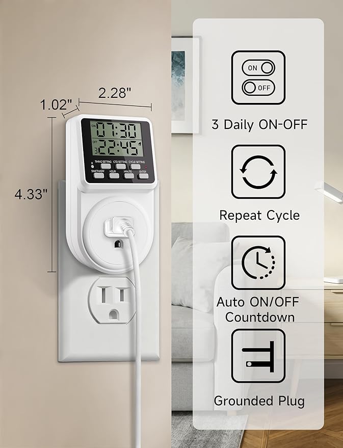 Techbee Digital Infinite Repeat Cycle Intermittent Timer Plug for Electrical Outlet, 24 Hour Programmable Indoor Timed Power Switch with Countdown Delay On and Off (120V, 15A), 1 pack