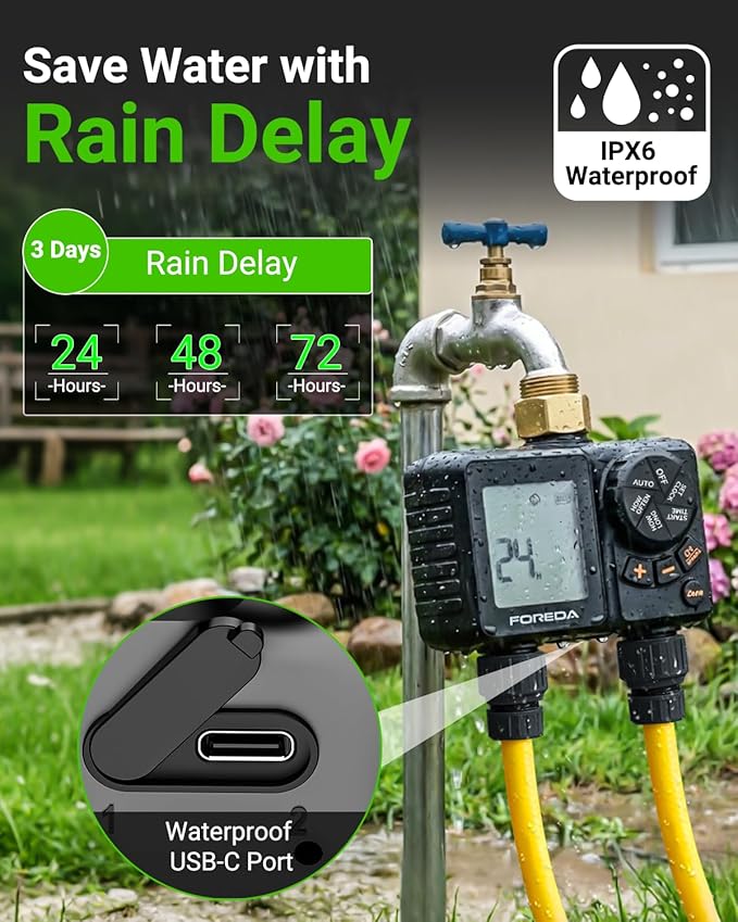 2 Outlet Water Timer for Garden Hose, Programmable Hose Timer for Watering with Brass Inlet, USB-C Sprinkler Timers, IPX6, Rain Delay/Manual/Auto Modes for Lawn, Yard, Farm, Pool