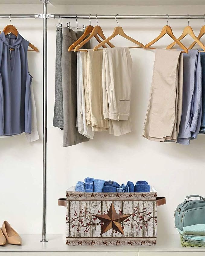 Texas Star Grey Wooden Storage Bins Cubes Waterproof Cloth Storage Basket, Farmhouse Berry Countryside Foldable Storage Bags for Shelf Closet Clothes Storages Organizers with Handles 15x11x9.5 in 1PCS