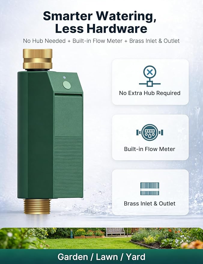 MOES WiFi Water Timer for Garden Hose, No Hub Required, Sprinkler Controller Built-in Flow Meter, Brass Inlet & Outlet, Smart Hose Timer, App & Voice Control, 10 Schedules, Up to 2-Year Battery Life