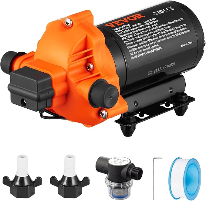 VEVOR Water Pressure Diaphragm Pump, RV Water Pump, Fresh Water Pump110V AC, 3.3 GPM, Pressure Adjustable, Self Priming Sprayer Pump with Pressure Switch for RV Camper Marine Boat Lawn, FCC Certified