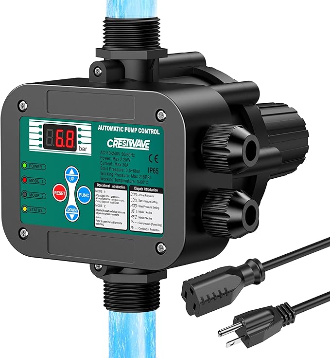 Smart Adjustable Pressure Switch for Well Pump, Automatic Water Pumps Switch, Dry-running Protection for Submersible/Shallow Well/Garden/Jet/Self-priming Pump, Power&Pump Cable Included