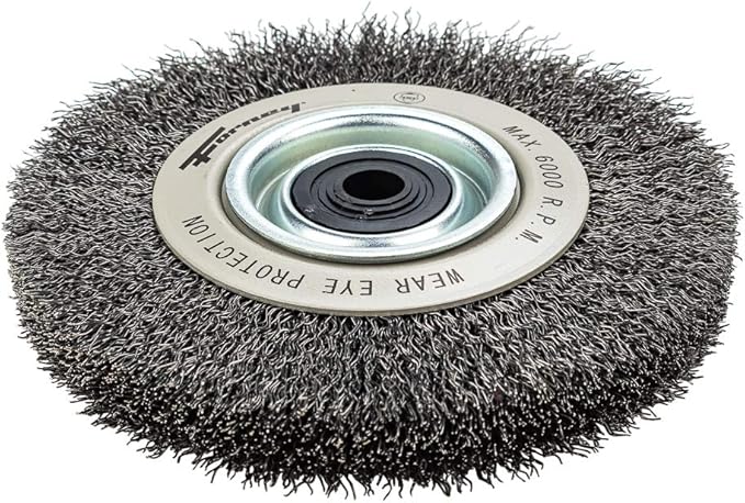 Forney 72895 Wire Bench Wheel Brush, Industrial Pro Crimped with 1/2-Inch Through 2-Inch Multi Arbor, 6-Inch-by-.012-Inch
