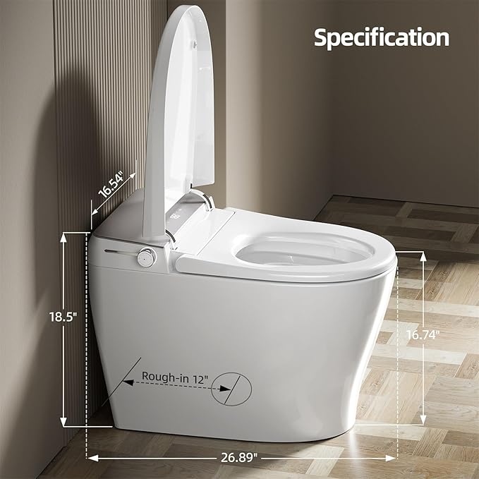 Commercial Grade Smart Toilet with Built-in Tank and Pump - 12” Rough-in, Low Water Pressure Solution, Heavy Duty Smart Bidet Toilet with Knob Control, Foot Sensor Flush, Blackout Flush