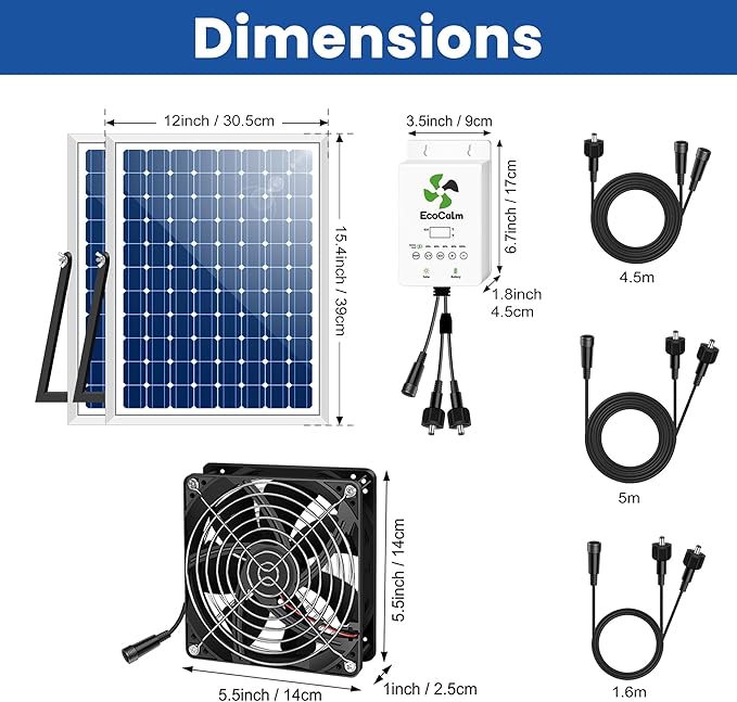 Solar Exhaust Fan for Greenhouse with Battery and Adjustable Thermostat, Solar Powered Fan with 2PCS 25W Bifacial Solar Panel & Quad 5.5" Fans Kits