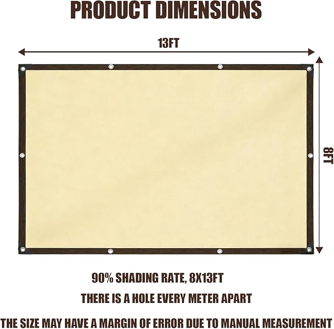 90% Sun Shade Cloth for Garden, 8 * 13FT Heavy Duty Shade Tarp with Grommets & Reinforced Edges - UV Resistant Sunblock Net for Patio, Backyard, Greenhouse, Kennel, Pergola, Yellow