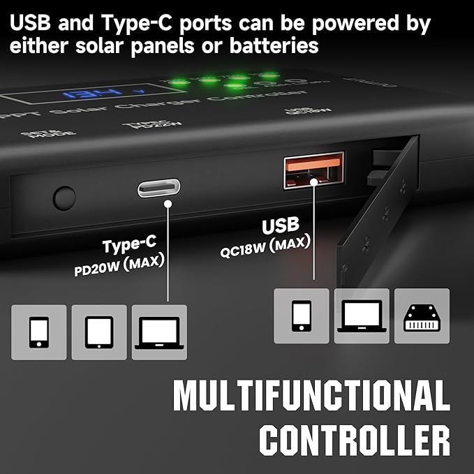 MPPT Solar Charge Controller 12V 10A, Solar Panel Charge Controller with Type-C and USB Output for Solar Panel and Gel, AGM, LiFePO₄ Battery