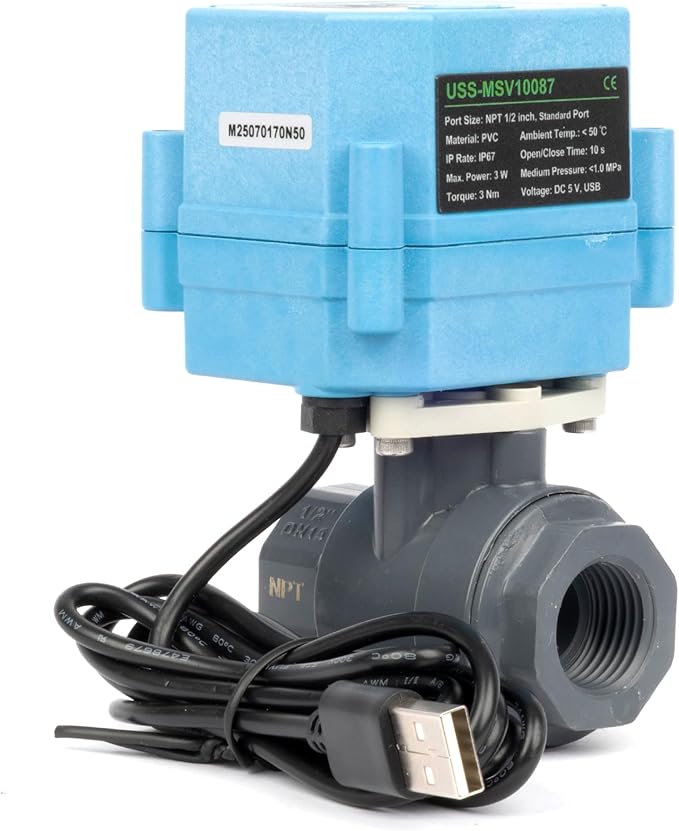 U.S. Solid WiFi Smart Motorized Ball Valve 1/2 inch NPT for Water Control & Irrigation, 2 Way PVC Electric Valve, USB Powered, LED Status Indicator, Flow Direction Window, Remote On/Off Control