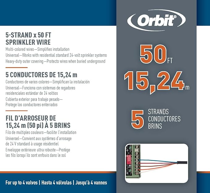 Orbit 57094 Underground Sprinkler Wire, 5-Strand Solid, 50 Ft, UF/UL Listed, Multi-Color, Gauge