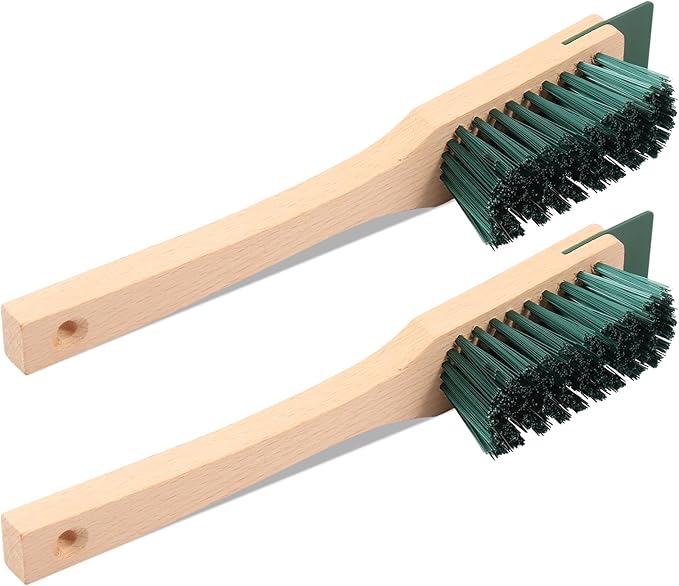 2 Pcs Lawn Mower Scrub Brush Universal Lawn Mower Stiff Bristle Brush with Scraper and Wood Handle for Deck Gutter Garden Tool Cleaning