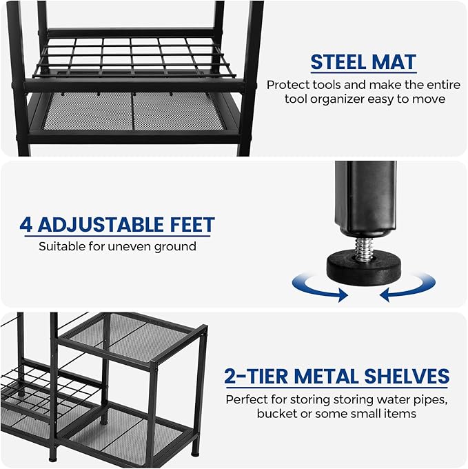 Garden Tool Organizer with 2-Tier Steel Shelves, Holds 50 Long-Handled Tools/Rakes/Brooms/Shovles for Garage Organization and Storage, Shed, Outdoor, Lawn, Heavy-Duty Steel, Black, Easy Assembly