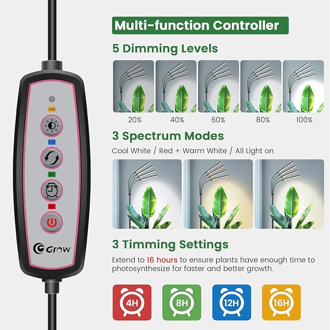 Kullsinss Grow Lights for Indoor Plants with Stand, 4-Heads Full Specturm Plant Grow Light with 4/8/12/16H Timer, 3 Color Modes, 360° Flexible Gooseneck, 24-68.7in Hight Adjustable Grow Lamp, Black