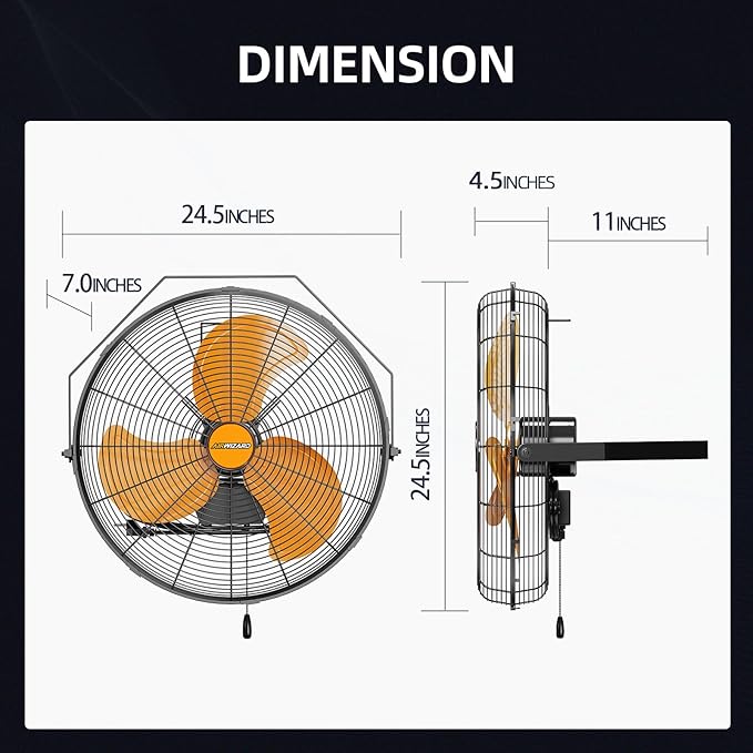 20" Industrial Wall Mount Fan, 4850 CFM High Velocity [Garage, Workshop, Gym] Sealed Motor, 3 Speed Metal Fan, 180° Tilt, Commercial Grade - UL Listed