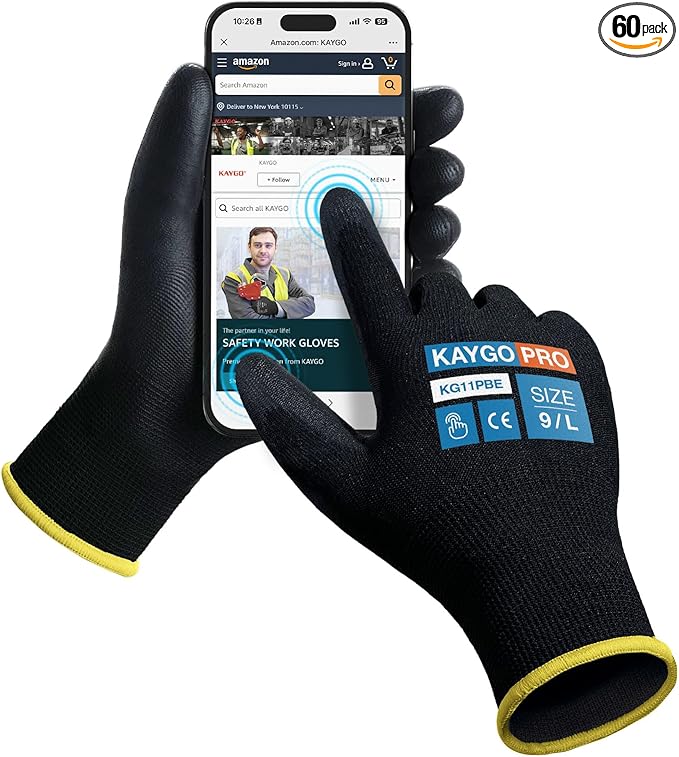 Work Gloves PU Coated for Men and Women, 60 Pairs Safety Work Gloves with Two Fingers Touchscreen, Breathable and Lightweight,Ideal for Light Warehouse, Manufacturing, Gardening, KG11P (L, Black)