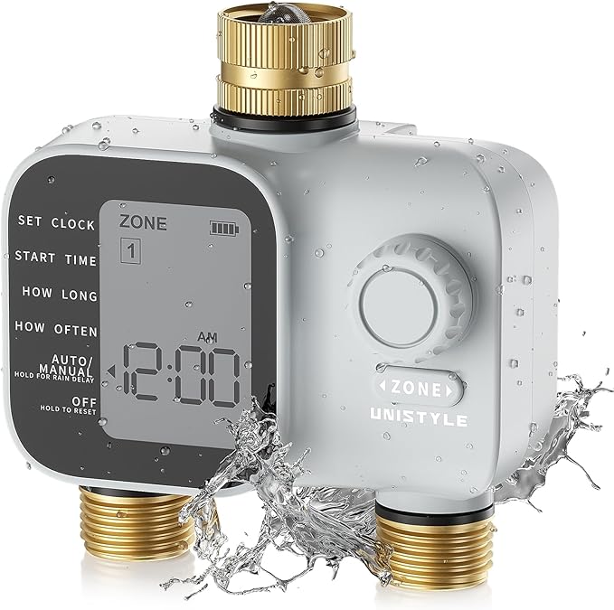 [2026 Upgrade] 2 Zone Sprinkler Timer with Brass Inlets & Outlets, Unistyle Programmable Water Timer for Garden Hose, IP55 Waterproof Hose Timers with Manual Irrigation Timers for Yard and Lawn Patio