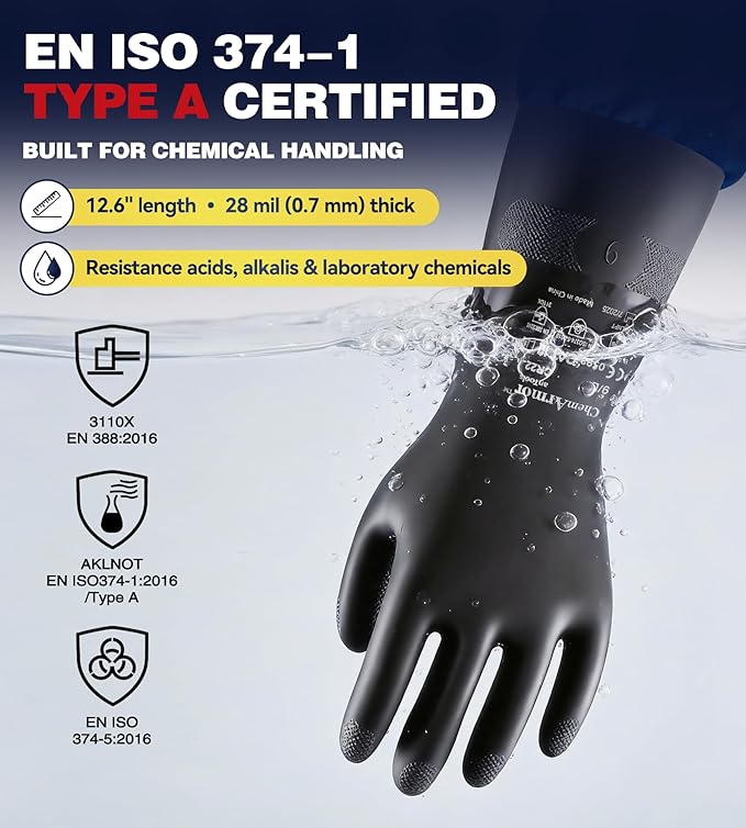 AnTools Heavy Duty Rubber Safety Work Gloves, Chemical Resistant Latex Gloves for Cleaning, Acid & Alkali Protection, Hazmat Use, Black, Large