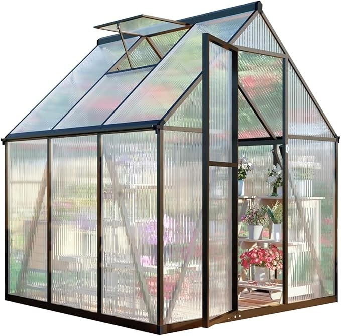 6x6FT Greenhouse for Outdoors, Polycarbonate Greenhouse with Quick Setup Structure and Roof Vent, Aluminum Walk-in Green Houses for Outside Garden Backyard, Charcoal Black