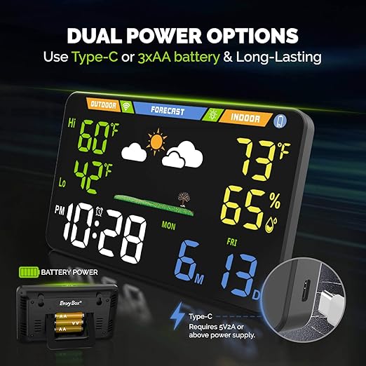 EnvyBox WiFi Weather Station 8.5" LED Display | Privacy-Focused, No App Required, Syncs Weather & Calendar for Home/Office | Dual Power, Black
