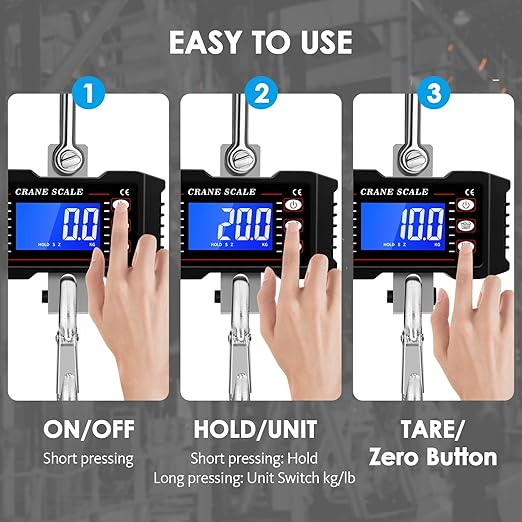 1000kg Heavy Duty Crane Scale, Digital Hanging Scale with Backlit LCD, Data Hold, Tare & Unit Switch, Auto Off, Aluminum Alloy Industrial Scale for Factory Construction Farm