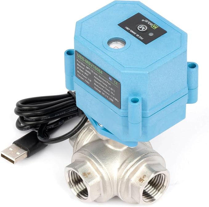 U.S. Solid WiFi Smart Motorized Ball Valve 1/2 inch NPT for Water Control & Irrigation, 3 Way 304SS Electric Valve, USB Plug, LED Indicator, Flow Direction Window, Remote On/Off Control, NSF Certified
