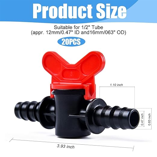 Kalolary 20PCS Drip Irrigation Switch Valves, 1/2" in-Line Ball Shut Off On Valve Barbed Tee Straight Valves for 16mm Tube 1/2 Inch Barbed Valves Gate Irrigation Fittings for Pipe Connection System