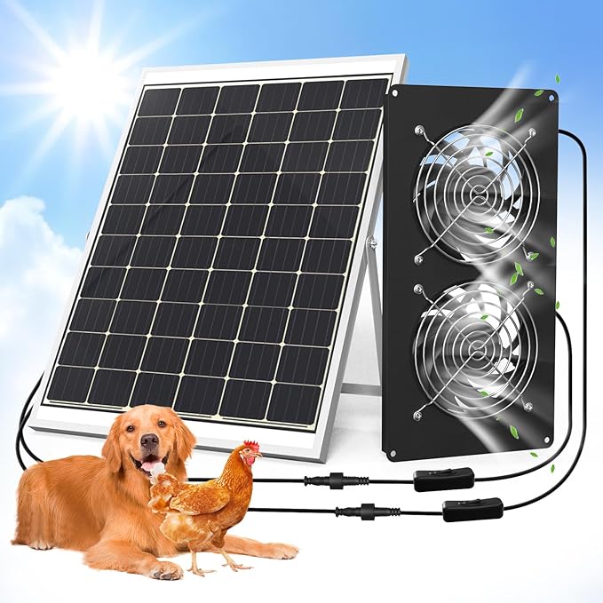 25W Solar Powered Dual Metal Shell Fan Kit, IPX7 Waterproof Monocrystalline Solar Panel Intake Exhaust Fans for Chicken Coops, Greenhouses, Sheds, Dog Houses, and Windows Ventilation and Plug & Play