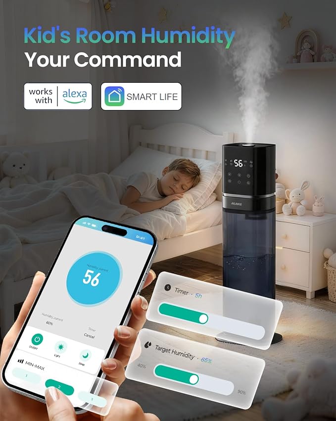 Humidifiers for Bedroom 2.1Gal/8L, Smart Humidifier for Large Room, Cool Mist Humidifiers for Home Kids Plants, Top Fill Humidifier with Extension Tube, WIFI APP & Voice Control, Blue