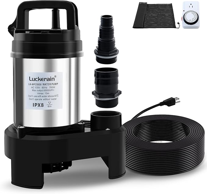 Submersible Water Pump 2/3 HP Stainless Steel Sewage Pump with Timer 5500 GPH Sump Pump for Garden Irrigation,Basement,Outdoor Drainage, 2'' NPT Discharge Port,50ft Cord