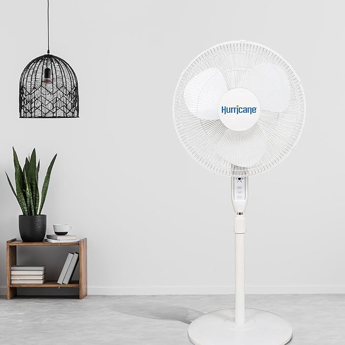 Hurricane 16" Supreme Oscillating Stand Pedestal Fan with Remote for Home, White - Standing Electric Air Cooling Unit for Indoor Room, Garage, Workshop, Shed, and Greenhouse