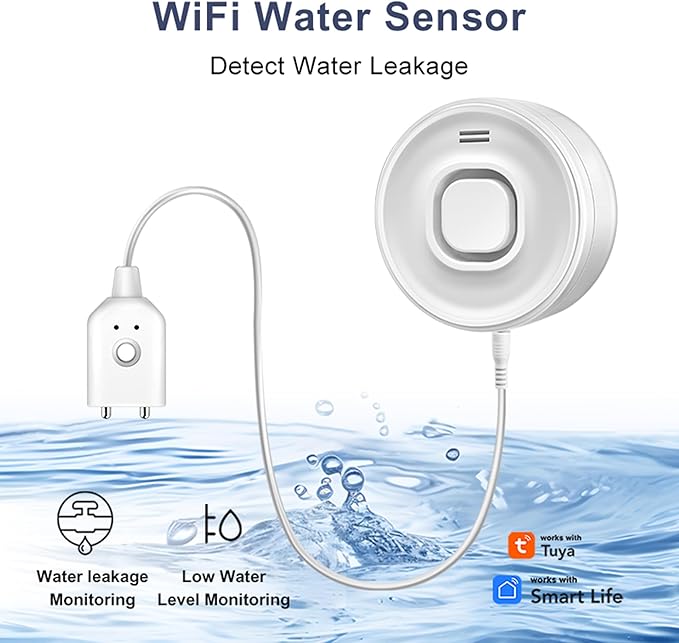WiFi Water Leak Detector for Home & Basement – 100dB Alarm, Tuya APP Alerts, Compatible with Alexa, 2.4G WiFi (No Hub Required)