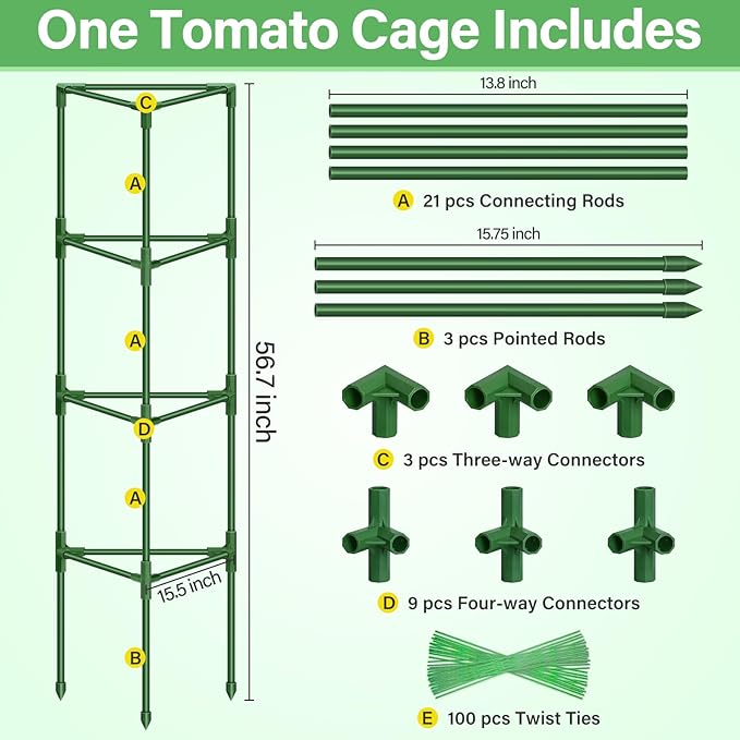 Legigo 6 Pack 57 Inch Tomato Cage for Garden, Heavy-Duty Tomato Trellis Plant Support Stakes, Adjustable Garden Trellis Plant Cage for Climbing Plants Peppers Outdoor Raised Garden Bed and Vegetables