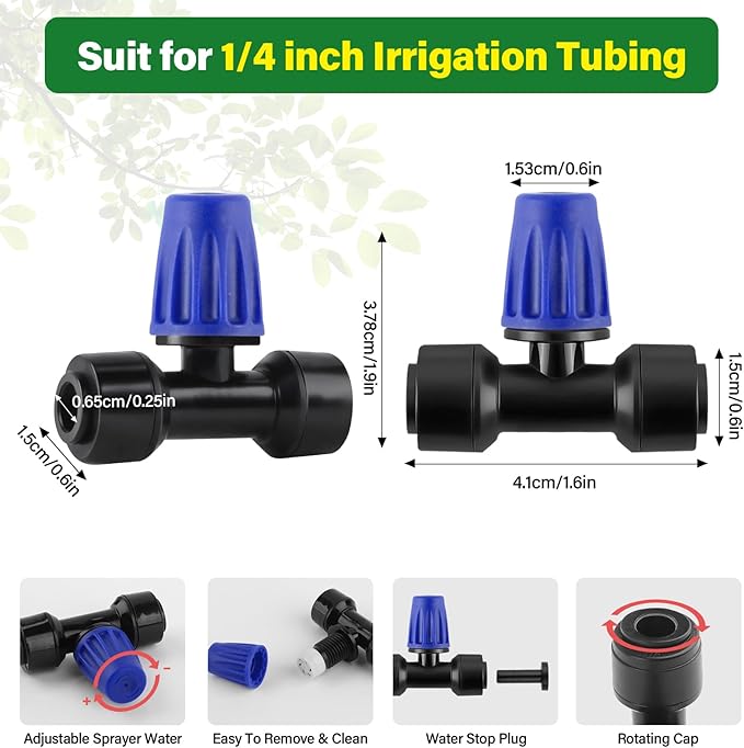 Kalolary 30Pcs Push-to-Fit Drip Irrigation Spray Emitters for 1/4" Tubing,Three-Way Adjustable Atomizing Nozzle Micro Irrigation Dripper Sprinklers with 6PCS End Plugs for Irrigation System(Blue)