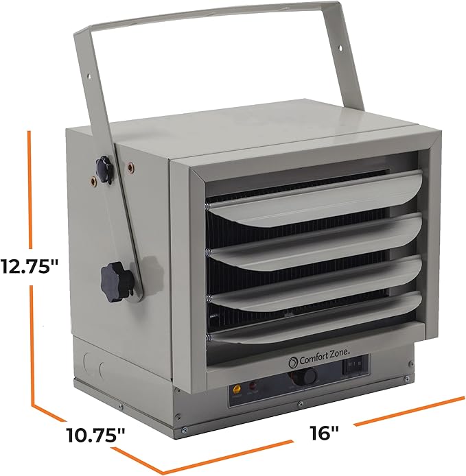 Comfort Zone 5000W Ceiling Mounted Garage Heater – 240V Electric Shop Heater with 3 Heat Settings, Overheat Protection, Indoor Use, ETL Listed, Grey