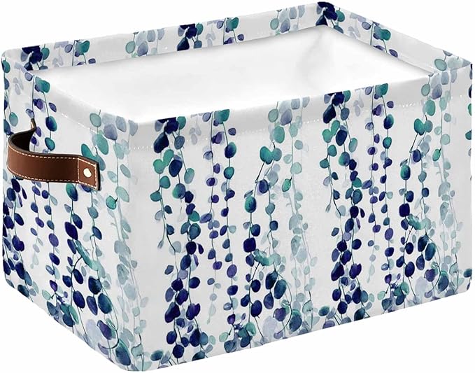 Blue Weeping Eucalyptus Storage Bins Cubes Waterproof Cloth Storage Basket,Spring Summer Farmhouse Leaves Foldable Storage Bags for Shelf Clothes Storages Organizers with Handles 15x11x9.5 in 1PCS