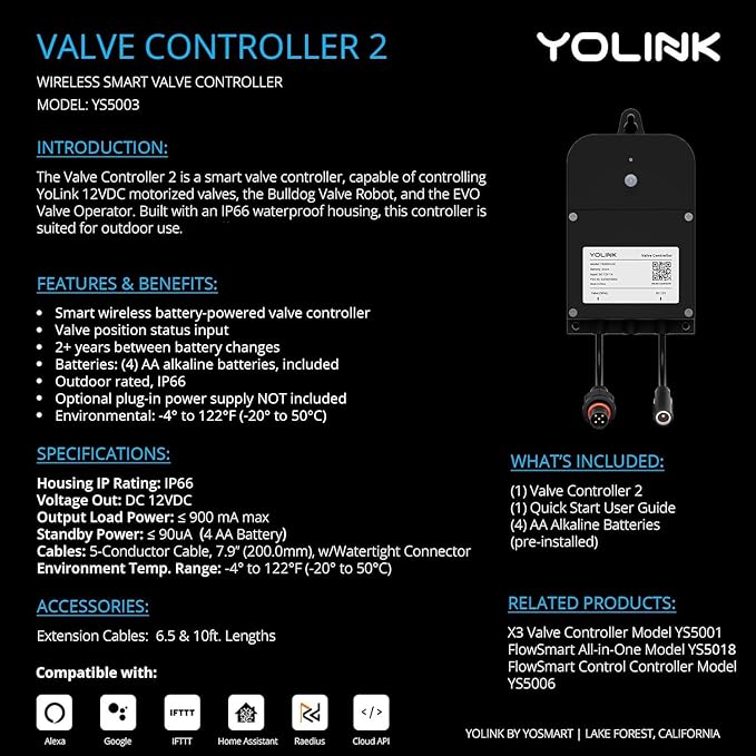 YoLink Wireless Smart Valve Control Kit - 1" Brass Motorized Valve With Wireless Controller, Battery Powered