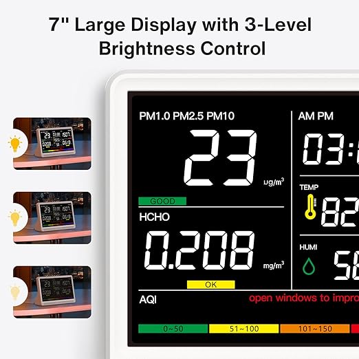 16 in 1 Air Quality Monitor Indoor 7" Large Display 9 AQI+7 Alerts, CO2 Monitor Air Quality Tester for CO2, TVOC, PM2.5 PM1.0 PM10, HCHO Temperature Humidity AQI & Time Air Quality Meter for Home
