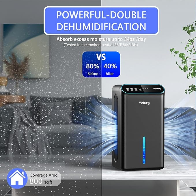 Dehumidifier for Home 1000 sq.ft - Small Quiet Dehumidifier with Auto Shut Off, Aromatherapy, 3 Gear Timer, Sleep Mode, 7-Color LED Light, Drain Hose for Bedroom, Bathroom, Basement, RV(Matte Black)