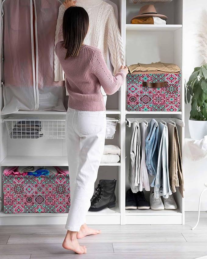 Vintage Middle Century Storage Bins Cubes Waterproof Cloth Storage Basket,Abstract Bohemia Style Aztec Pink Foldable Storage Bags for Shelf Clothes Storages Organizers with Handles 15x11x9.5 in 2PCS