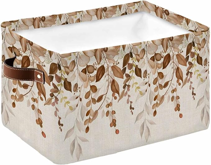 Brown Orange Eucalyptus Storage Bins Cubes Waterproof Cloth Storage Basket,Farmhouse Weeping Leaves Linen Foldable Storage Bags for Shelf Clothes Storages Organizers with Handles 15x11x9.5 in 1PCS