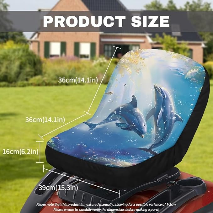 Dolphins Riding Lawn Mower Seat Cover, Waterproof Wear-Resistant Lawn Mower Seat Cover with Pockets, Heavy Duty Tractor Seat Cover for Most Lawnmowers
