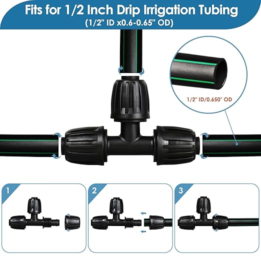 1/2" Drip Irrigation Tee Fittings: 10-Piece Barbed Locked Nut Tee Connectors for 1/2" Drip Tubing (0.650" OD, 13mm ID)