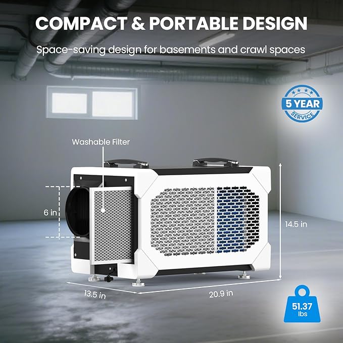 CADPXS Crawlspace Dehumidifier, 145 Pints Commercial Dehumidifier with Drain Hose for Crawl Spaces, Basements, Industrial and Water Damage, Large Capacity, Memory Restart, 5 Years Limited Warranty