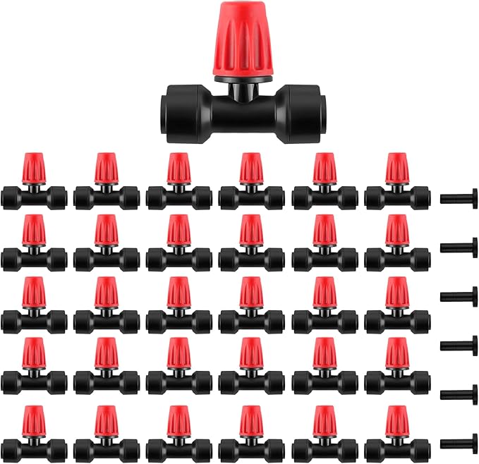 Kalolary 30Pcs Push-to-Fit Drip Irrigation Spray Emitters for 1/4" Tubing,Three-Way Adjustable Atomizing Nozzle Micro Irrigation Dripper Sprinklers with 6PCS End Plugs for Irrigation System(Red)
